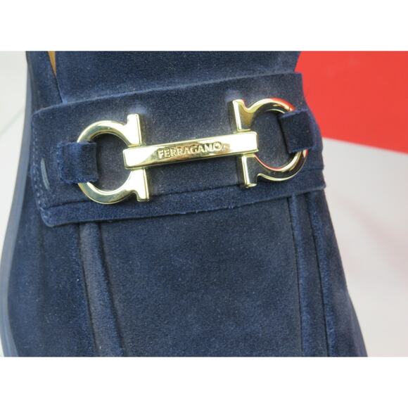 NIB FERRAGAMO FIORELLO BLUE SUEDE GANCINI BIT LOGO LOAFERS  display picture 1